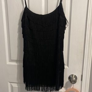 White fox XL black fringe dress